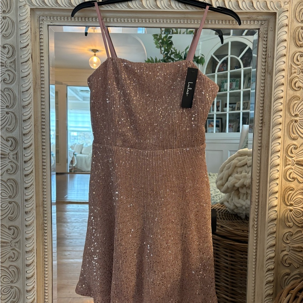 Lulu's Rose Gold Sequin Spaghetti Strap Dress